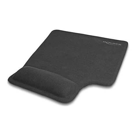 Schwarzes ergonomisches Mauspad mit integrierter Handballenauflage und Delock-Schriftzug.