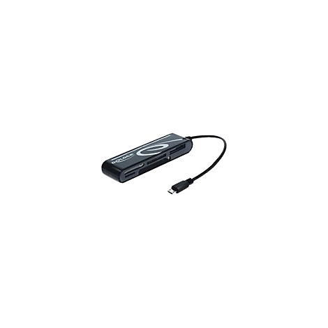 Schwarzes Kartenlesegerät mit Micro-USB-Anschluss, Logo, seitlich positioniert.