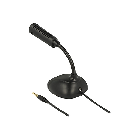 Schwarzes Schwanenhalsmikrofon mit Standfuß, Klinkenstecker und Kabel vor weißem Hintergrund.