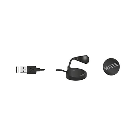 Schwarzes USB-Mikrofon mit Schwanenhals und separater Stummschalt-Taste vor weißem Hintergrund.