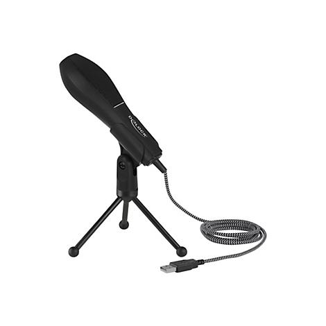 Schwarzes Delock USB-Mikrofon auf einem kleinen dreibeinigen Stativ mit einem schwarz-weiß gewebten Kabel.