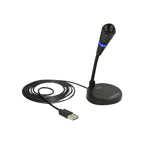 Schwarzes USB-Tischmikrofon auf einem runden Standfuß mit Mute-Taste und blauem Leuchtring vor weißem Hintergrund.