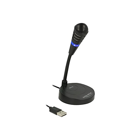 Schwarzes USB-Tischmikrofon mit Schwanenhals, beleuchtetem Ring und Mute-Taste auf weißem Hintergrund.
