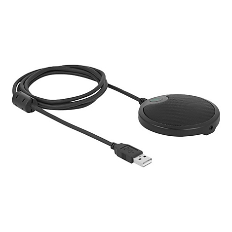 Schwarzes Grenzflächenmikrofon mit USB-Anschlusskabel vor weißem Hintergrund.