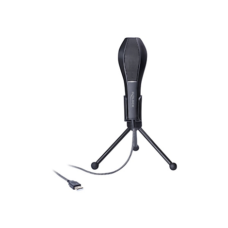 Schwarzes Standmikrofon von Delock auf einem kleinen Dreibeinstativ mit USB-Kabel vor weißem Hintergrund.