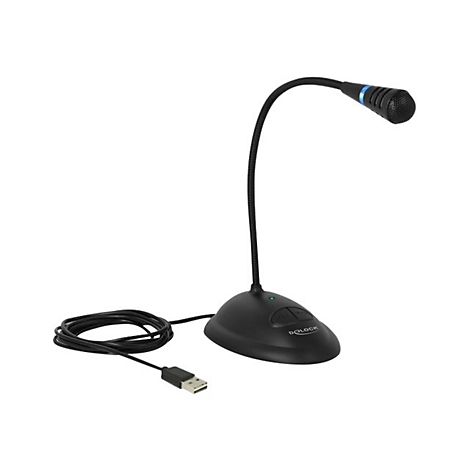 Schwarzes USB-Schwanenhalsmikrofon mit rundem Sockel, zwei Tasten und blauem Akzent am Mikrofonkopf vor weißem Hintergrund.