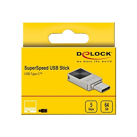 Gelbe Produktverpackung eines Delock SuperSpeed USB-C Sticks mit 64 GB Speicher und 5 Gbps Übertragungsrate.