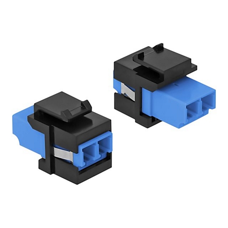Zwei schwarze Kunststoff-Keystone-Module mit blauen Glasfaser-Kupplungen vor weißem Hintergrund.