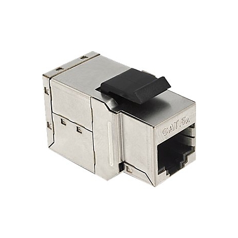 Ein silberfarbener Netzwerk-Steckverbinder mit schwarzem Clip und der Aufschrift CAT.6A.