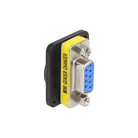 Ein DB9 Mini Gender Changer Adapter mit gelbem Gehäuse, schwarzem Flansch und blauem Anschluss auf weißem Grund.