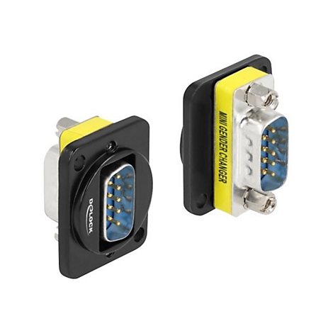 Zwei Delock Mini Gender Changer Adapter mit 9-poligem Sub-D Anschluss vor weißem Hintergrund.