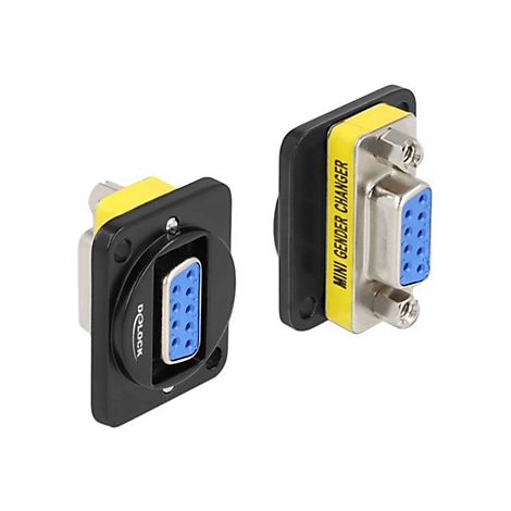 Zwei Delock Mini-Gender-Changer DB9-Adapter mit blauem Einsatz vor weißem Hintergrund.
