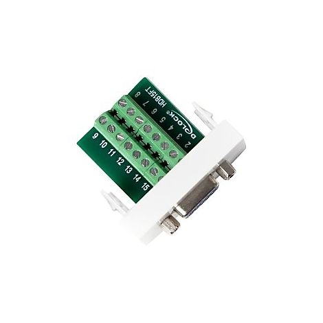 Delock VGA-Terminalblock-Adapter mit 15 Schraubanschlüssen auf grünem PCB vor weißem Hintergrund.