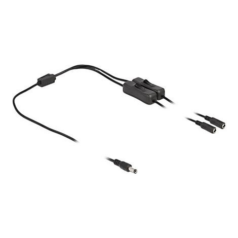 Schwarzes Y-Kabel mit zwei Wippschaltern und drei Steckanschlüssen vor weißem Hintergrund.
