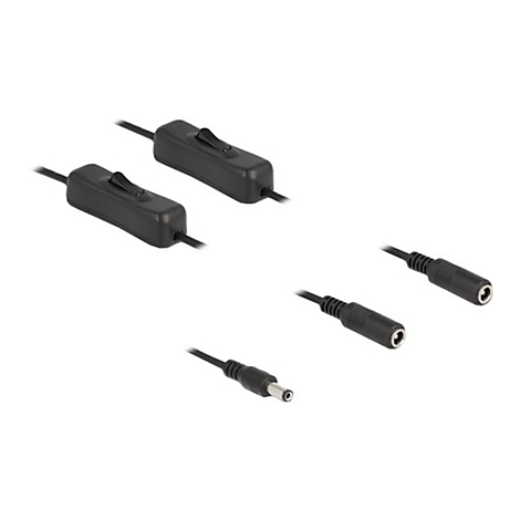 Zwei schwarze Kabel mit integrierten Ein-Aus-Schaltern sowie zwei Buchsen und ein Stecker vor weißem Hintergrund.