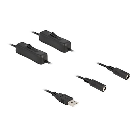 Zwei schwarze USB-Kabel mit integrierten Ein-Aus-Schaltern und Klinkenanschlüssen vor weißem Hintergrund.