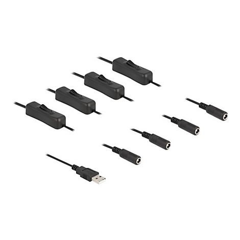 Vier schwarze Kabel mit integrierten Ein-Aus-Schaltern, die in einem USB-Anschluss und vier Hohlsteckerbuchsen enden.