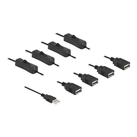 Mehrere schwarze USB-Kabel mit integrierten Ein-Aus-Schaltern und USB-A-Anschlüssen vor weißem Hintergrund.