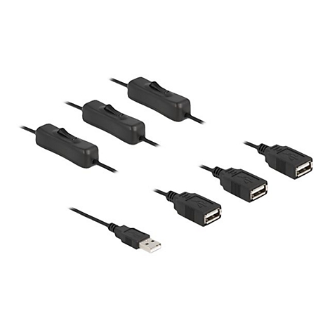 Drei schwarze USB-Kabel mit integrierten Ein-Aus-Schaltern und USB-Anschlüssen vor weißem Hintergrund.