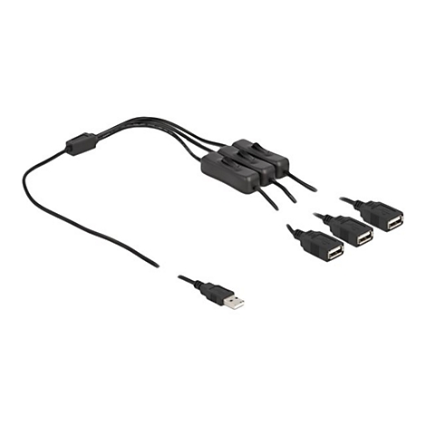 Ein schwarzes USB-Kabel mit drei integrierten Ein-Aus-Schaltern und drei USB-Anschlüssen.