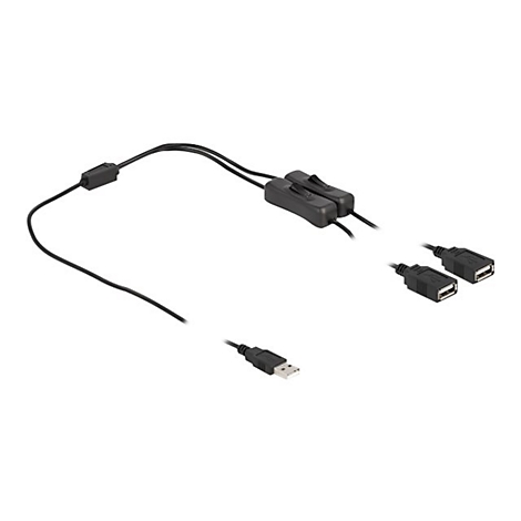 Schwarzes USB-Kabel mit zwei Kippschaltern und einem USB-Stecker, der sich in zwei USB-Buchsen aufteilt.