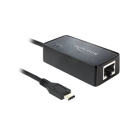 Schwarzer USB-C-zu-Ethernet-Adapter mit RJ45-Anschluss und Herstellerlogo.