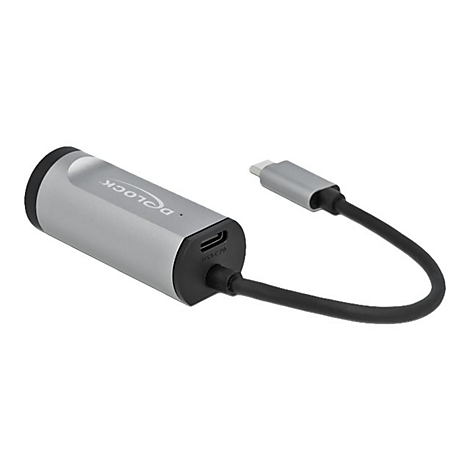 Silberner Delock USB-C-Adapter mit kurzem schwarzem Kabel vor weißem Hintergrund.