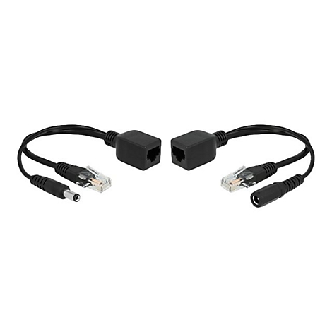 Zwei schwarze Netzwerkkabel mit RJ45-Steckern, einem Hohlstecker und -buchse, für Stromversorgung.