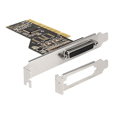 Eine Computer-Erweiterungskarte mit seriellen Anschlüssen. Karte mit schwarzer Platine, silbernem Anschluss und Metallhalterung.