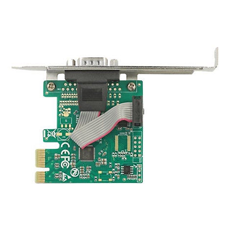 Eine grüne PC-Karte mit Metallhalterung und Anschlüssen, vor weißem Hintergrund. Der Anschluss ist silberfarben.