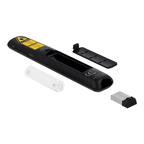 Schwarzer Laserpointer mit geöffnetem Batteriefach, einer AAA-Batterie und einem USB-Empfänger.