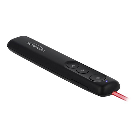 Schwarzer Delock Presenter mit Laserpointer, Bedientasten und blauem Statuslicht.