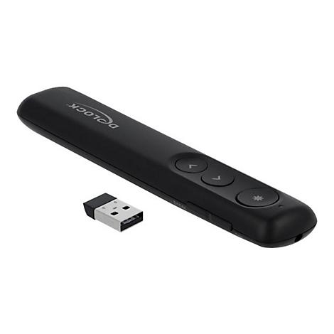 Schwarzer Delock Laserpointer mit USB-Empfänger auf weißem Hintergrund.