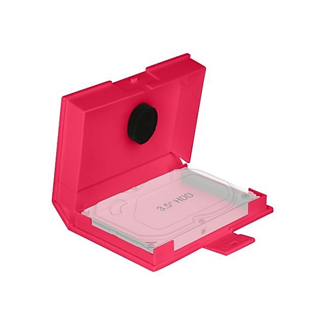 Eine offene, pinke Schutzhülle für eine 3,5-Zoll-Festplatte auf weißem Hintergrund.