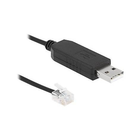 Ein schwarzes Adapterkabel mit einem USB-A-Stecker an einem Ende und einem transparenten RJ11-Telefonstecker am anderen.