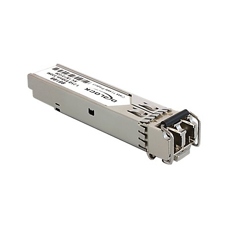 Metallfarbener SFP-Transceiver, mit Text und Barcode, vor weiÃŸem Hintergrund.