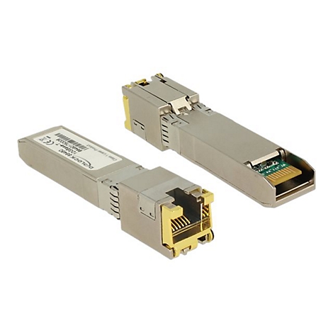 Zwei silberfarbene SFP-Transceiver liegen auf weiÃŸem Hintergrund. Einer zeigt den RJ45-Port, der andere die Leiterplatte.