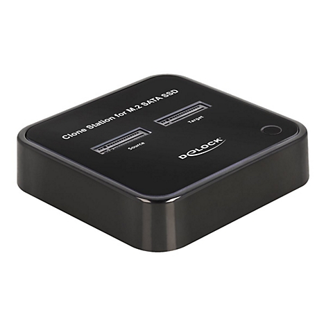 Schwarze Clone Station fÃ¼r M.2 SATA SSD, mit zwei SteckplÃ¤tzen und SchriftzÃ¼gen.