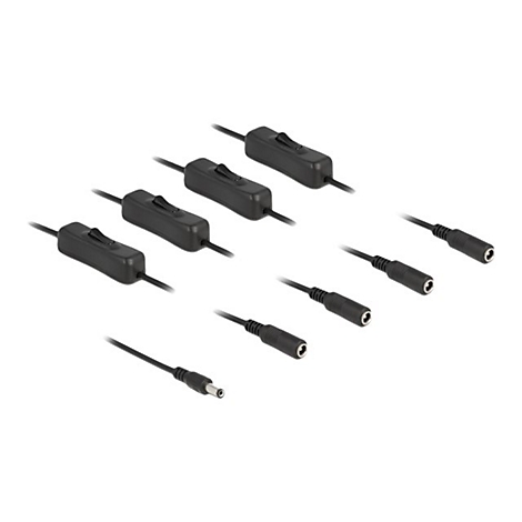 Vier schwarze Kabel mit integriertem Wippschalter und DC-Anschlüssen vor weißem Hintergrund.