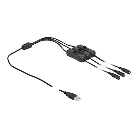 Ein schwarzes USB-Kabel, das sich in drei Anschlüsse mit jeweils eigenem Ein- und Ausschalter verzweigt.