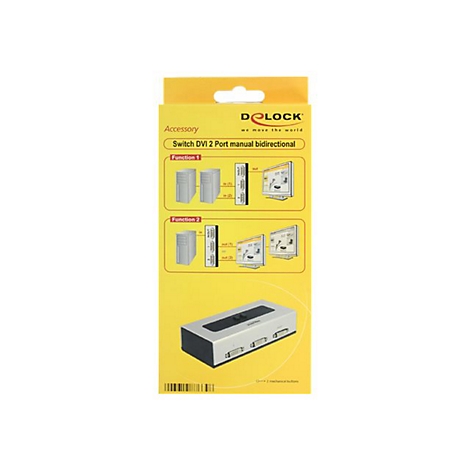 Produktverpackung eines DVI-Switches von DeLock, mit Funktionsdarstellungen und Logo.