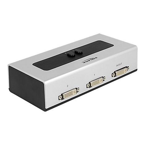 Grauer DVI-Switch mit DVI-Anschlüssen und zwei Knöpfen auf der Oberseite. Auf dem Gerät steht "Delock".