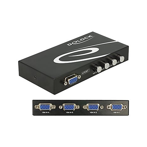 Schwarzer VGA-Switch mit Logo und vier Drehreglern. Unten sind vier VGA-AnschlÃ¼sse zu sehen.