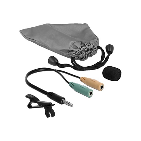 Ansteckmikrofon mit Zubehör: Adapterkabel, Schaumstoff-Windschutz und grauer Aufbewahrungstasche.