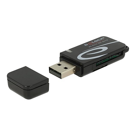 Schwarzer Delock USB-Stick mit abgenommenem Deckel vor weißem Hintergrund.