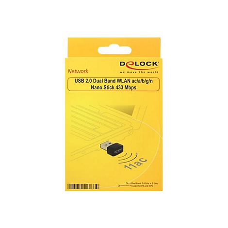 Gelbe Produktverpackung mit schwarzem WLAN-Stick. Aufschrift: USB 2.0 Dual Band WLAN ac/a/b/g/n Nano Stick 433 Mbps.
