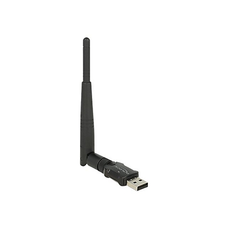 Ein schwarzer WLAN-Adapter mit Antenne. Der USB-Stecker ist sichtbar.