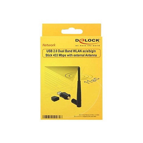 Gelbe Verpackung, schwarzer WLAN-Stick mit Antenne. Aufdruck: USB 2.0 Dual Band WLAN.