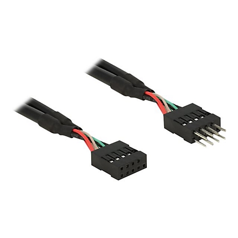 Zwei schwarze USB-Kabel mit Steckern, farbige Kabelenden.