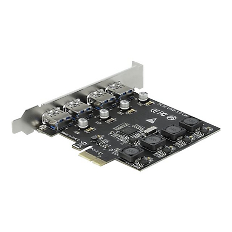 Schwarze PCIe-USB 3.0-Erweiterungskarte mit vier USB-Anschlüssen vor weißem Hintergrund.